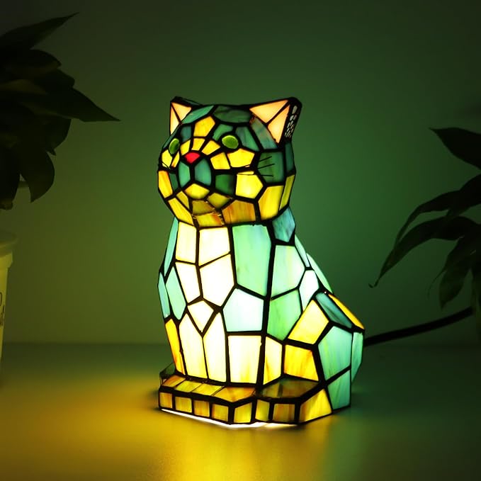 Tiffany Cat Lamp Blue and Green Stained Glass Animal Table Lamp Accent Lamp - Bloomnest