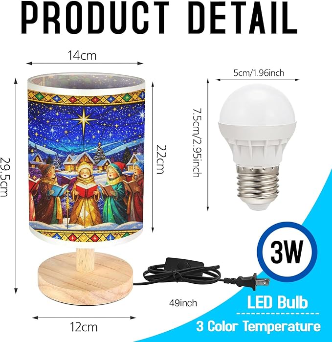 Caroling Table Lamp LED 3-Color Pressed Bedside for Merry Christmas, Caroling Shade Christmas Table Lamp with Wood Base for Bedroom Living Room Desk Office - Bloomnest