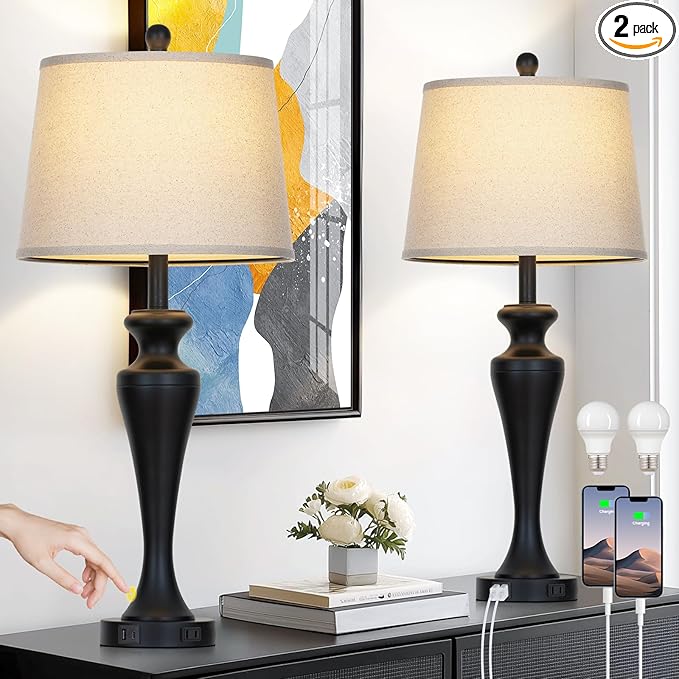 30" Black Table Lamps Set of 2, Touch Control Tall Living Room Lamp with USB A+C Ports and AC Outlet, 3-Way Dimmable Bedside Lamps for Nightstand, Modern Metal Bedroom Lamp, 2 Bulbs Included - Bloomnest