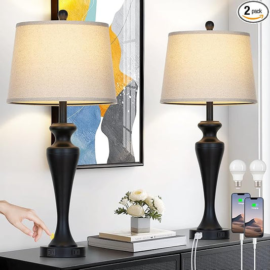 30" Black Table Lamps Set of 2, Touch Control Tall Living Room Lamp with USB A+C Ports and AC Outlet, 3-Way Dimmable Bedside Lamps for Nightstand, Modern Metal Bedroom Lamp, 2 Bulbs Included - Bloomnest