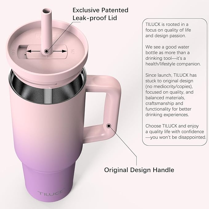 TILUCK 40 oz Tumbler with Handle, Vacuum Insulated Stainless Steel Travel Mug with 100% Leak-Proof Silicone Straw Lid, Cupholder Friendly Water Bottle(PinkPurpleGradient, 40oz)