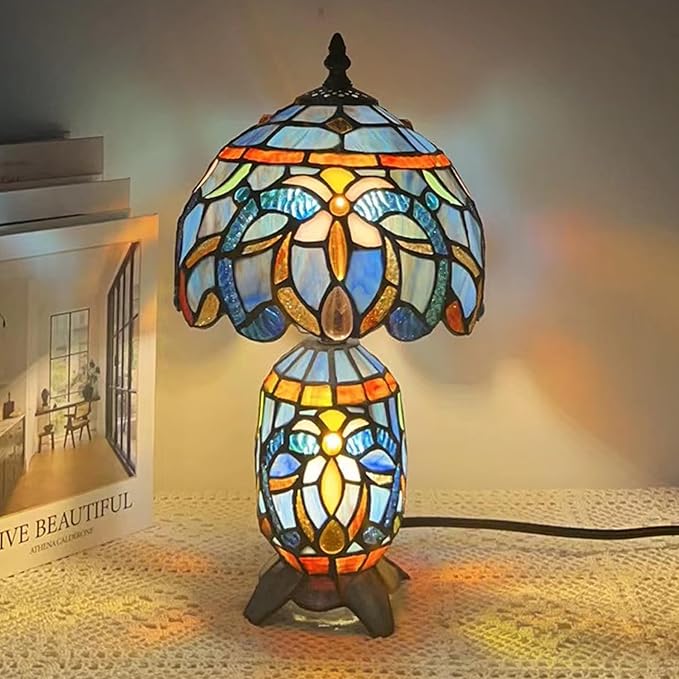 Small Tiffany Lamp Stained Glass Table Lamp Mini Mother Daughter Vase Desk Accent Night Light for Bedroom Bedside Reading Home Antique Style 8X14 Inches (Blue Purple) - Bloomnest