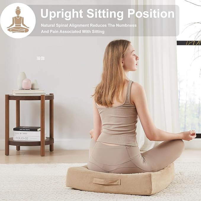 22 inches Floor Pillow for Adults - Large Meditation Cushion with Thick Foam & Soft Tufted Cover - Premium Outdoor Square Floor Cushion Seat - Yoga Pillows for Sitting On Floor - Khaki - Bloomnest