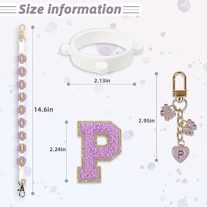 Compatible with Owala Water Bottle Accessories, Cute Letter Charm Set with Boho Handle Strap, Monogram Sticker, Silicone Ring, Keychain Decoration, for FreeSip 24 32 40oz, Owala Kids, Tumbler Gift SITKOL
