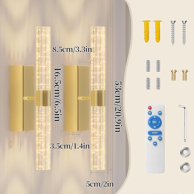 camuucci Battery Operated Gold Wall Sconces Set of 2 Rechargeable Battery Powered Wall Light with 12000mAh Not Hardwired Dimmable Wall Lamp Fixtures for Bedroom Living Room 20.9 Inches - Bloomnest