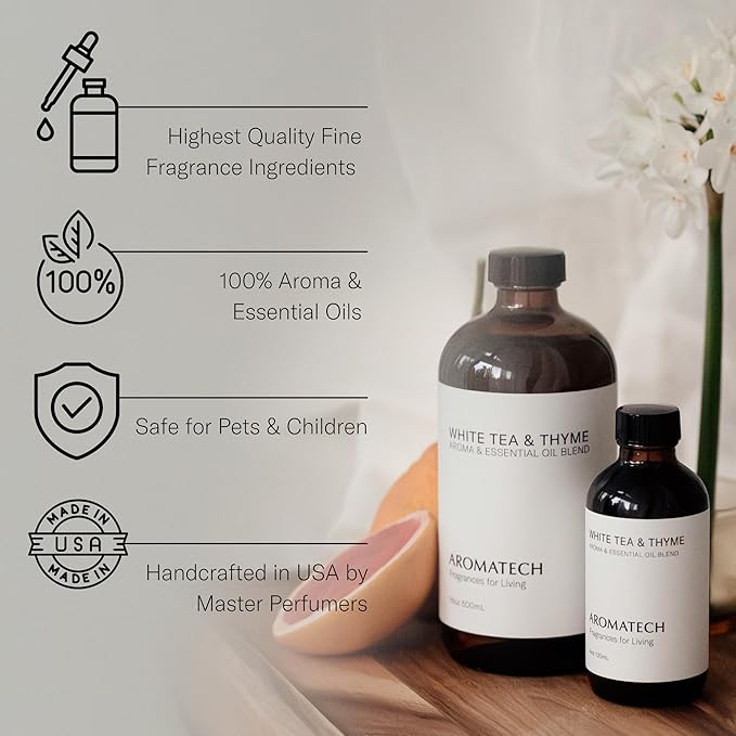 AromaTech White Tea and Thyme Aroma Essential Oil Blend: Luxury Hotel Inspired Aromatherapy with Tea Leaf, Fresh Thyme & Amber for Ultrasonic Diffusers & Nebulizers - 4 fl oz, 120 ml - Bloomnest