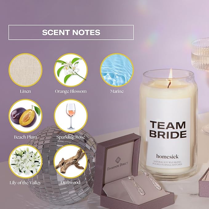 Homesick Scented Candles for Home (Team Bride) - 13.75 oz Long-Lasting Natural Soy Wax Blend Jar Candle Gifts for Women & Men, 60-80 Hours Burn Time - Notes of Linen, Beach Plum & Lily of The Valley - Bloomnest