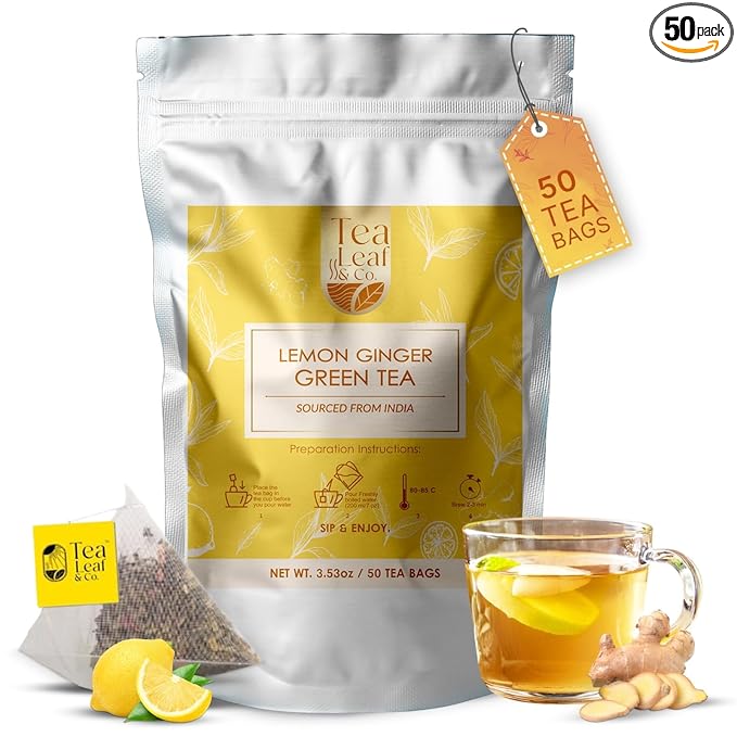 Lemon Ginger Green Tea Bags (50 Count), Green Tea with Orange Peel, Black Pepper & Mint Extract, Caffeinated, Real and Natural Green Tea, Blended with Fresh Herbs and Spices, Gluten Free - Bloomnest