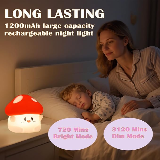 Mushroom Night Light with Squishy Soft Silicone, RGB Flashing Color, Dimmable Rechargeable Portable Touch Mushroom Gifts Decor for Girls Boys - Bloomnest
