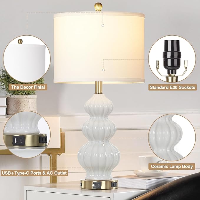 Modern White Table Lamps Set of 2 - Bedside Lamps for Night Stands, 26" Triple Gourd Ceramic Lamps for Living Room with USB A+C Ports & AC Outlet,3 Way Touch Lamps for Bedroom (LED Bulbs Included) - Bloomnest