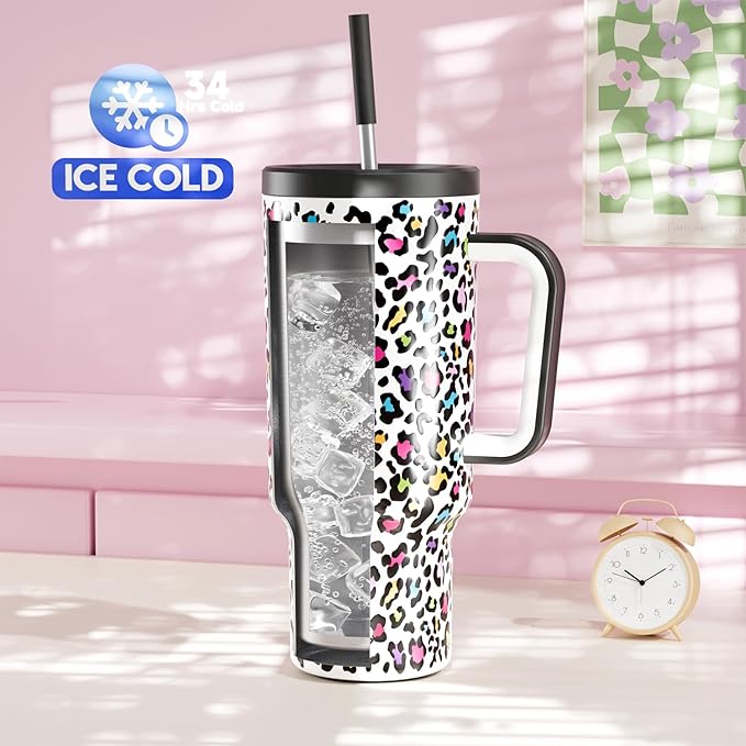 Meoky 40 oz Tumbler with Handle and Straw, Tumbler with Lid and Straw, Insulated Stainless Steel Travel Mug, 100% Leak-proof, Keeps Cold for 34 Hours or Hot for 10 Hours (Neon Leopard) - Bloomnest