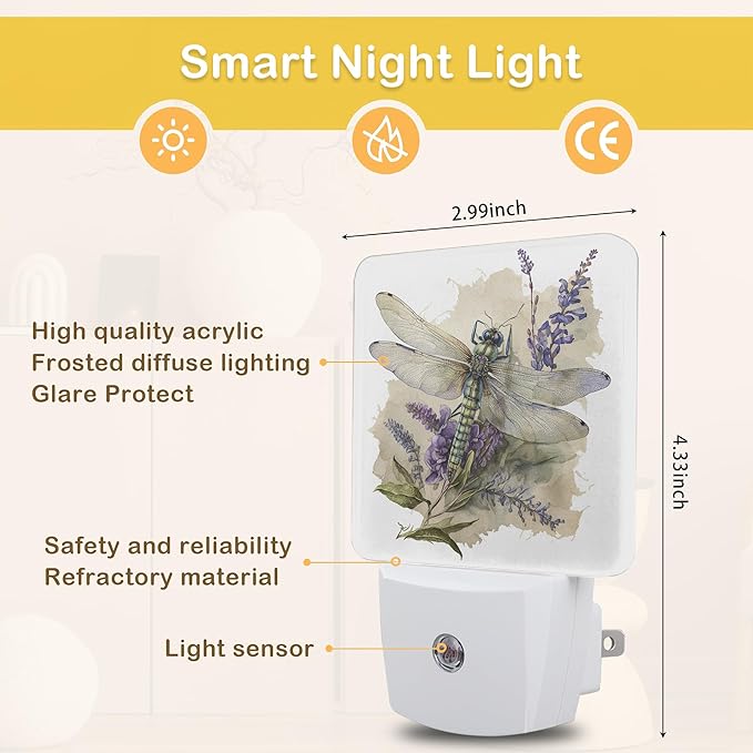 Dragonfly Watercolor Night Light with Dusk to Dawn Light Sensors, Plug-in Wall Led Night Lights, Energy Efficient Lamp for Bedroom/Bathroom/Kitchen/Hallway/Stairs - Bloomnest