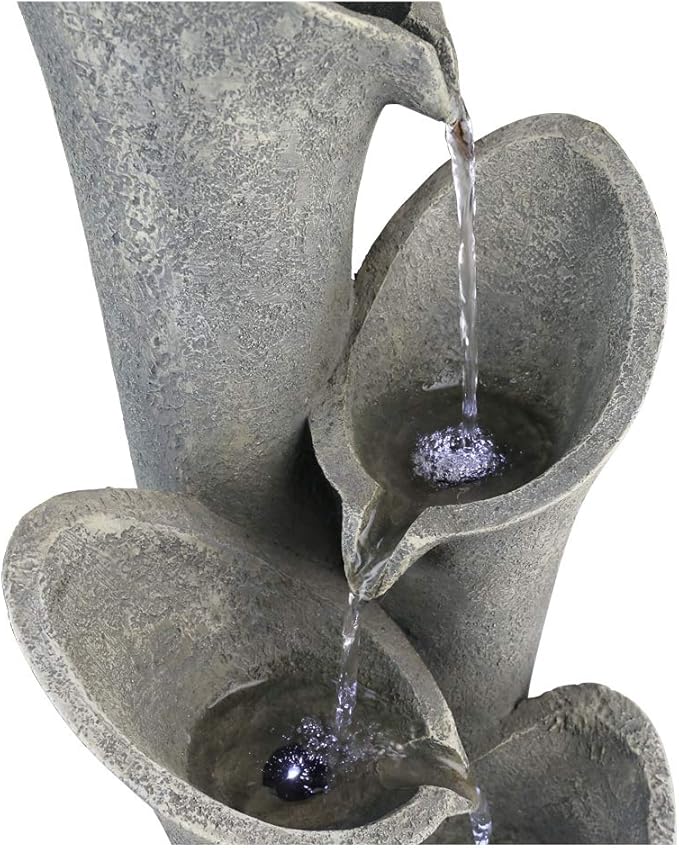 Faux Stone Patio Water Fountain 33 1/2", Bell 4-Tier Cascading Floor Fountain Indoor Outdoor Waterfall Feature with LED Lights for Home Garden Decor