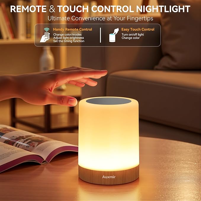 Auxmir LED Night Light Bedside Lamp Touch and Remote Control Dimmable Tabletop 13 Colors Changing 5 Brightness Adjustable Rechargeable Portable Lamp for Baby Kids Bedroom Living Room Outdoor Camping - Bloomnest