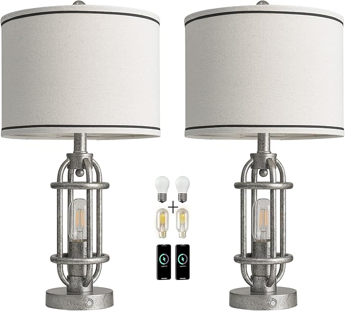 23.75'' Table Lamps Set of 2 for Living Room Bedroom Industrial Farmhouse Metal Touch Lamps with USB A+C Ports, Night Light Vintage Nightstand Bedside Lamp, Bulbs Included, Antique Silver - Bloomnest