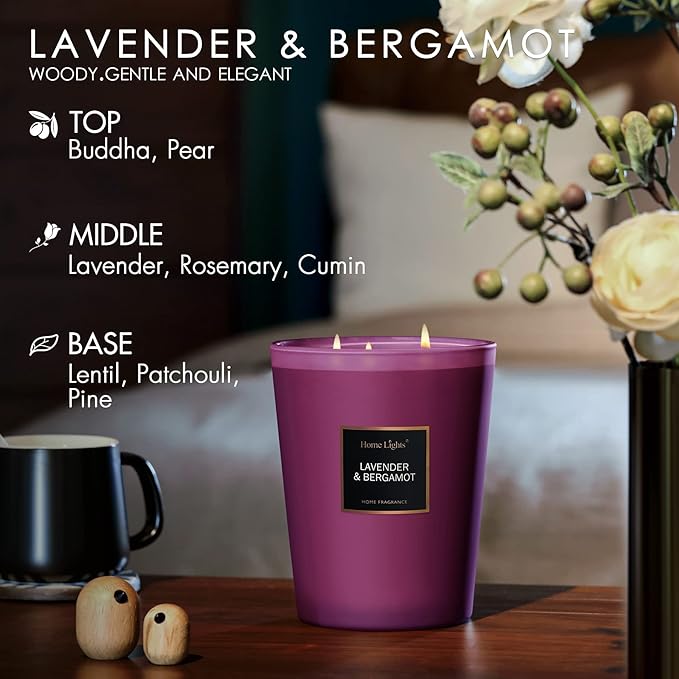 HomeLights Highly Scented Soy Candles Big 33.3 oz for Home. 3 Cotton Wicks, Smokeless Long Lasting 130 hrs in Lavender & Bergamot. 5x6, Great Gift for Women & Men - Bloomnest