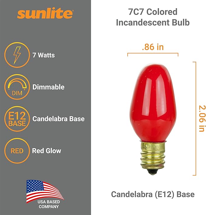 Sunlite 01058 7C7 Incandescent Bulb, 7 Watt, Candelabra E12 Base, C7 Small Night Light, Colored Bulb, Red, 12 Count - Bloomnest