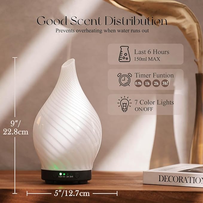 Porseme 150ml Essential Oil Diffuser Glass Color Changing Aroma Air Diffusers Aromatherapy Ultrasonic Cool Mist Humidifier 6 Running Hours Waterless Auto-Off for Sleeping Yoga Office Spa (Pure White) - Bloomnest