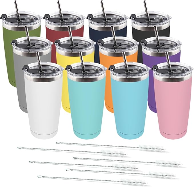 Amtidy 12 Pack 20oz Stainless Steel Tumbler with Lid, Powder Coated Vacuum Insulated Tumbler Cup, With straw and cleaning brushDouble Wall Coffee Tumbler, Powder Coated Travel Mug - Bloomnest