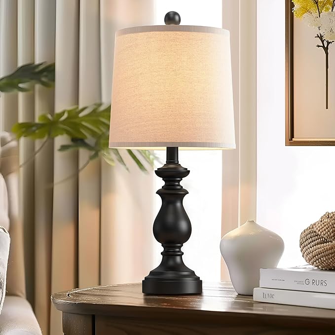 PARTPHONER Traditional Table Lamp Set of 2, Rustic Farmhouse Table Lamps for Living Room Bedroom, 22" Bedside Desk Lamps Vintage Nightstand Lamps with Linen Shades, Black - Bloomnest