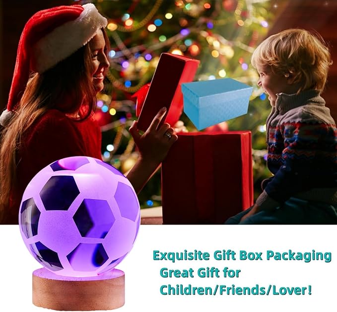 Soccer Crystal Ball Lamp,3.15 inch 3D K9 Crystal Ball Night Light with Wooden Base,Soccer Lamp Gift for Fans,Football Night Light,16 Colors Change with Remote Control (H) - Bloomnest