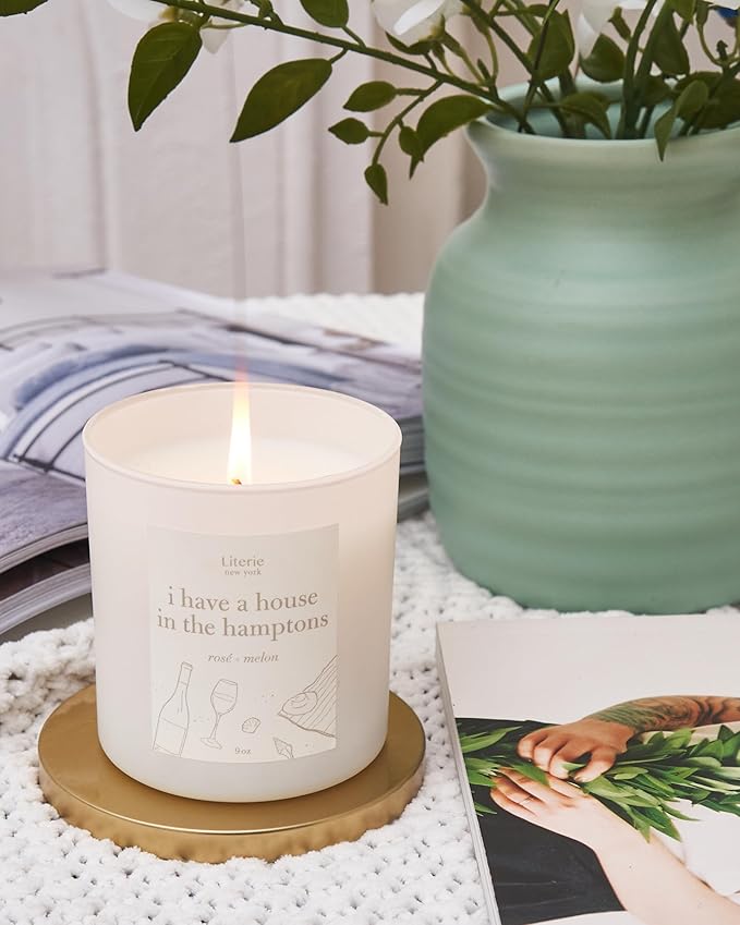 Literie NYC Inspired Scented Candle: I Have A House in The Hamptons - Rosé & Melon Scent, 9oz, 50 Hour Burn, Vegan Soy & Coconut Blend Candle for Home Decor, Gift for Women & Men - Bloomnest