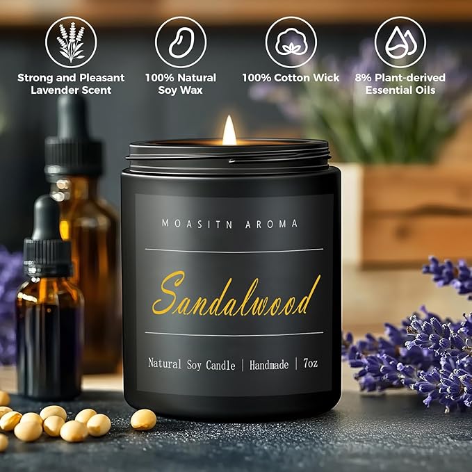 MOASITN Sandalwood Scented Candles for Home| Leather,Sandalwood,Amber Scented Soy Candle| Handmade Longlasting Aromatherapy Candle| Jar Candel Gift for Women,Men for Spring,Birthday,Relaxing|7oz - Bloomnest