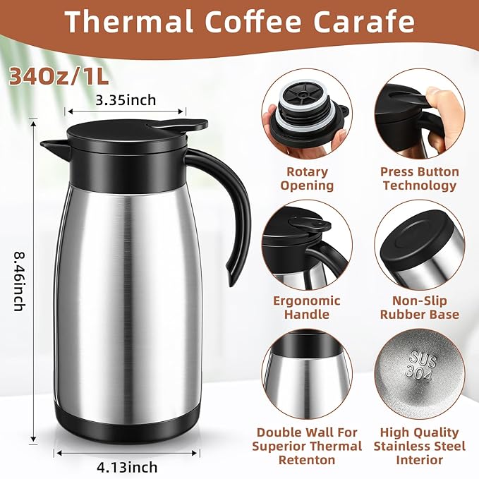 Norme 2 Pcs Thermal Coffee Carafe Insulated Stainless Steel Coffee Carafe for Hot Liquid Vacuum Thermal Pot Creamer Pitcher Dispenser with Brushes Keeping Hot Water Milk (Silver,34 oz) - Bloomnest