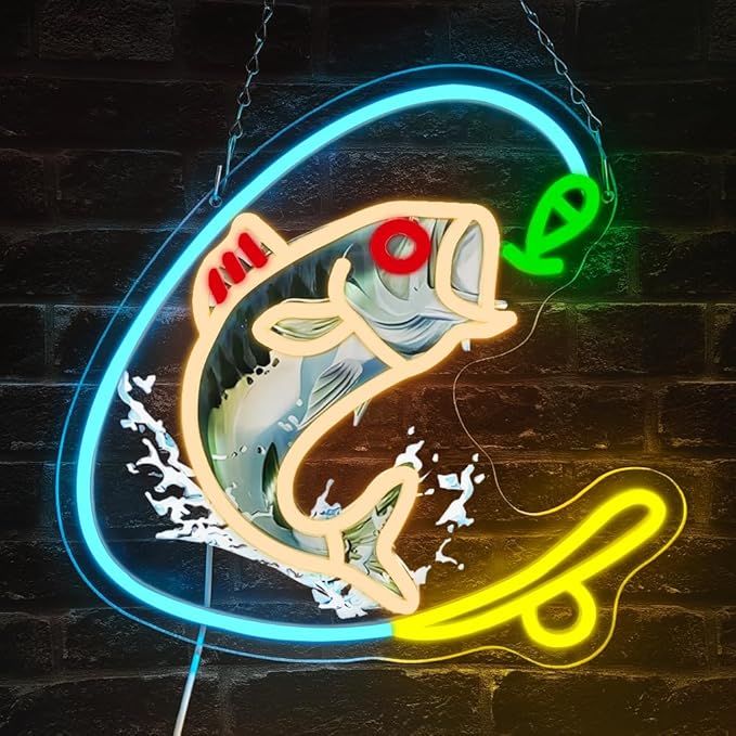 Fishing Neon Sign, Gone Fishing Led Neon Sign Light for Wall Decor Fish Hook Man Cave Light Up Sign Party Decorations for Gear Store Angler Teen Boy Dad Husband Gift Dimmable USB Powered(13.8"*10.6") - Bloomnest