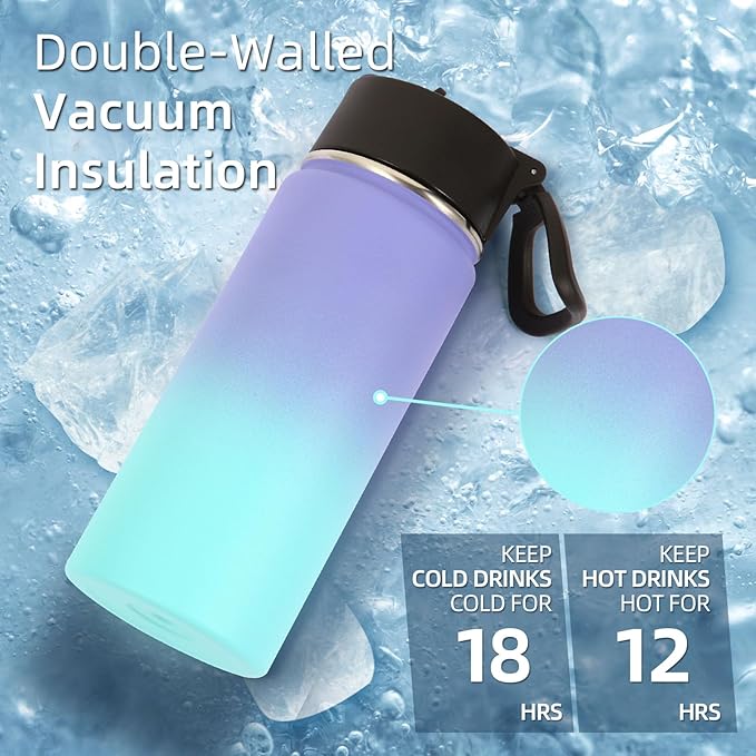 Volhoply 16 OZ Kids Water Bottle Bulk 4 Pack,Insulated Sports Bottles with Straw Lid,Stainless Steel Bottle with Handle Keep Cold & Hot,Double Wall Vacuum Tumbler Cups for School(Purple Blue, 4) - Bloomnest