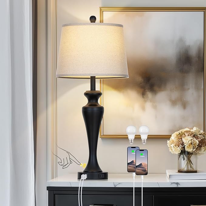 30 Inch Black Table Lamp Single, 3-Way Dimmable Touch Control Living Room Lamps with USB A+C Ports and AC Outlet, Tall Bedside Lamps for Nightstand, Modern Metal Bedroom Lamp, Bulb Included - Bloomnest
