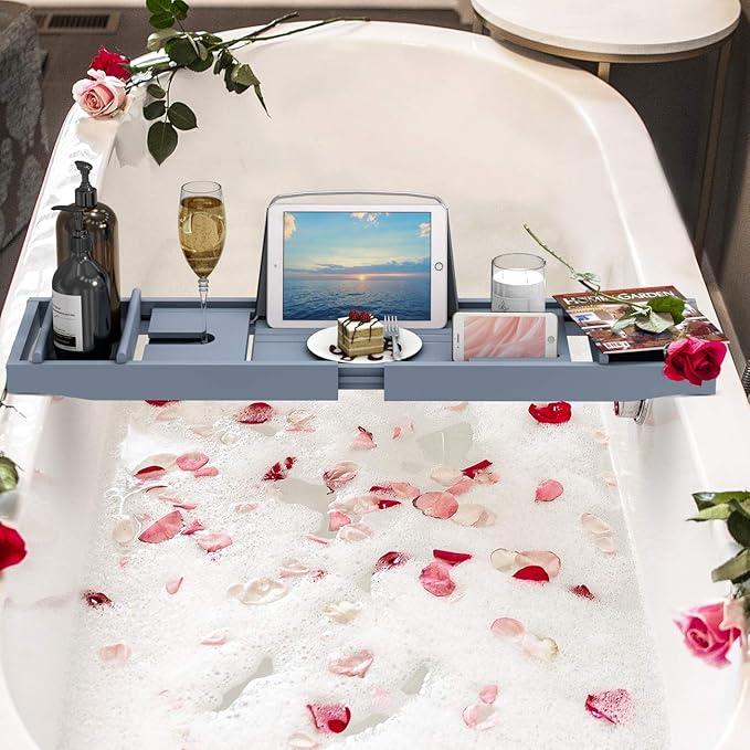 Domax Bathtub Caddy Tray Expandable Bamboo Tub Tray for Luxury Bath with Book Holder and Free Soap Dish (Gray, 29.4"-44.2"x 9.1"x1.65") - Bloomnest