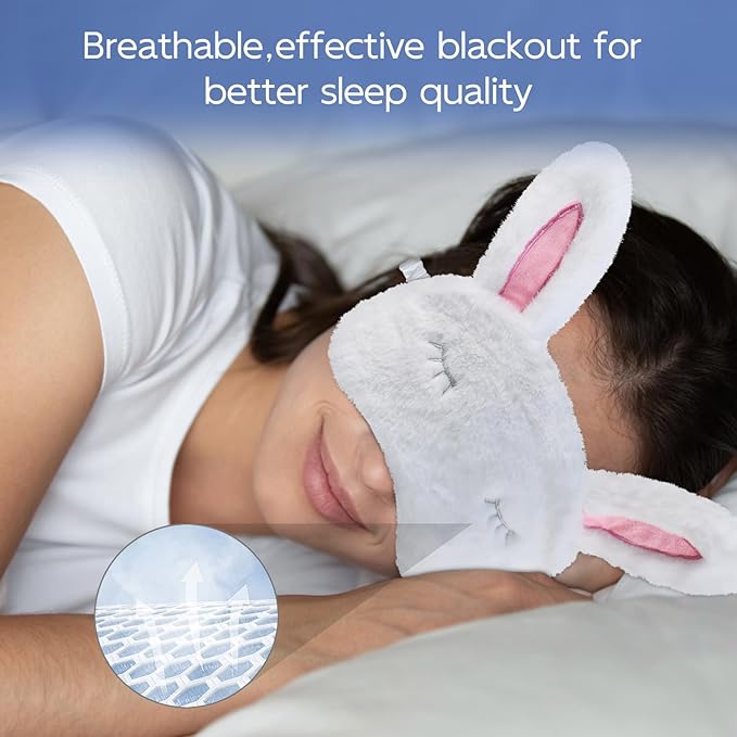 Cute Animal Sleeping Mask Sleep Mask, Soft Plush Rabbit Eye Mask for Travel Nap Sleeping Blindfold Eye Cover Eyeshade for Adult Kids Girls Teens Men Women - Rabbit, White - Bloomnest
