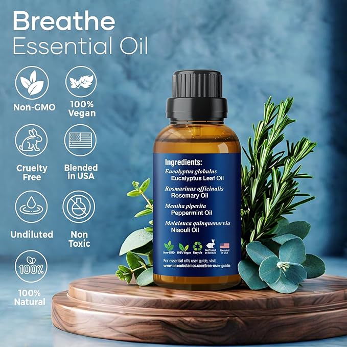 Breathe Essential Oil Blend 30 ml - Breath Sinus Relief with Menthol Oils - for Humidifiers, Diffusers, and Aromatherapy - Nexon Botanics (Pack of 2) NexonBotanics