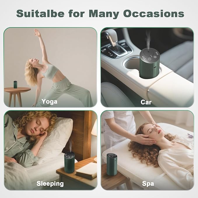 Waterless Essential Oil Diffuser with 4 Timer (1/3/6H & Off) & 3 Mist(L/M/H), Air Scent Diffuser for Home Car Office, Rechargeable Aromatherapy Diffuser, Portable Mini Aroma Diffuser, Dark Green - Bloomnest
