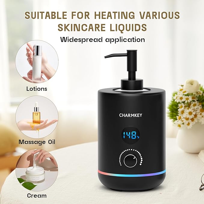 CHARMKEY Massage Oil Warmer Black, 2 Oil Bottle Dispensers & 2 Silicone Funnels, Digital Heater for SPA, Oil Lotion Cream for Salon, Barber Shops, Home - Bloomnest