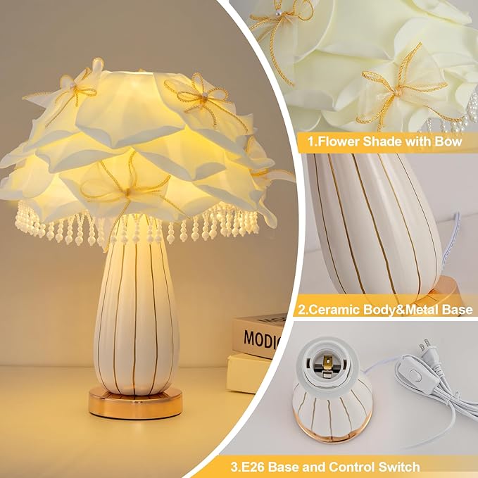White Flower Girls Table Lamp Modern Princess Desk Lamp Cute Bow Bedside Lamp Nordic Nightstand Petal Light for Bedroom Valentines Dating Wedding Living Room Entry Office Study Room - Bloomnest