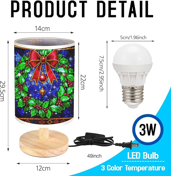 Christmas Wreath Table Lamp LED 3-Color Pressed Bedside for Merry Christmas, Christmas Wreath Shade Christmas Table Lamp with Wood Base for Bedroom Living Room Desk Office - Bloomnest