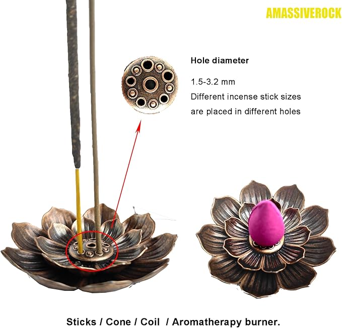 MASSIVEROCK Cone and Stick Incense Holder - Brass Ash Catcher with Waterfall Backflow - Meditation Yoga Decor for Home