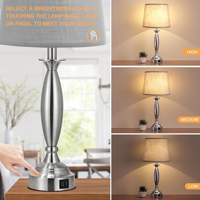 Lamps for Bedrooms Set of 2 - Touch Bedside Lamp with USB C+A, 3 Way Dimmable Nightstand Lamps with USB Port, Brushed Nickel Table Lamp for Living Room Guest Room Bed Side End Table(Mottled Gray) - Bloomnest