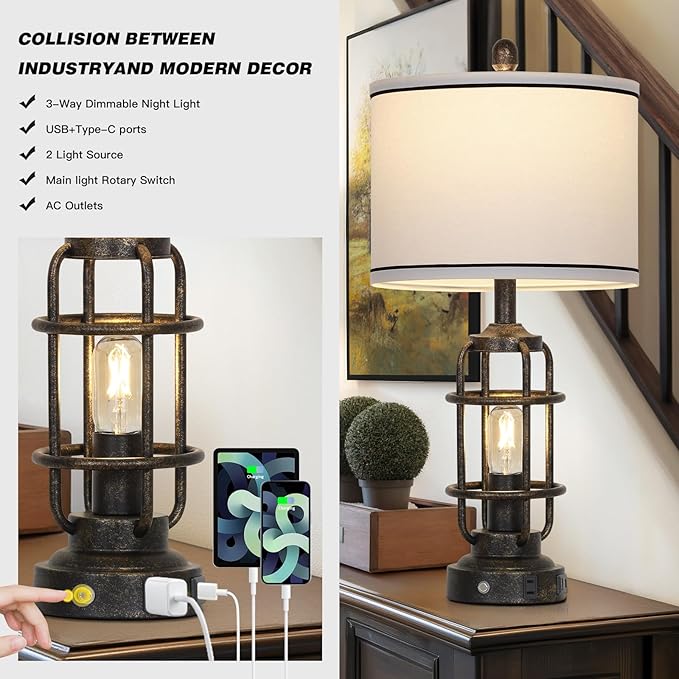 26" Vintage Industrial Table Lamps Set of 2, Farmhouse 3 Way Dimmable Touch Control LED Night Lights Table Lamp with USB A+C Ports & AC Outlet, Rustic Retro Beside Nightstand Lamp for Bedrooms Bronze - Bloomnest