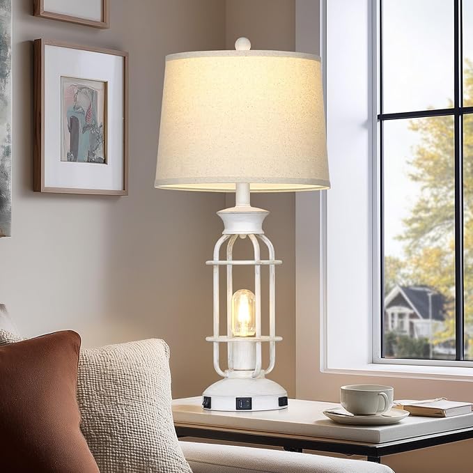 28" Vintage Table Lamps with USB C+A Ports & Outlet, Industrial Farmhouse Table Lamp for Living Room, Rustic Mid Century Modern Bedside Lamps with Nightlight & Beige Fabric Lampshade, Oil-Rubbed White - Bloomnest