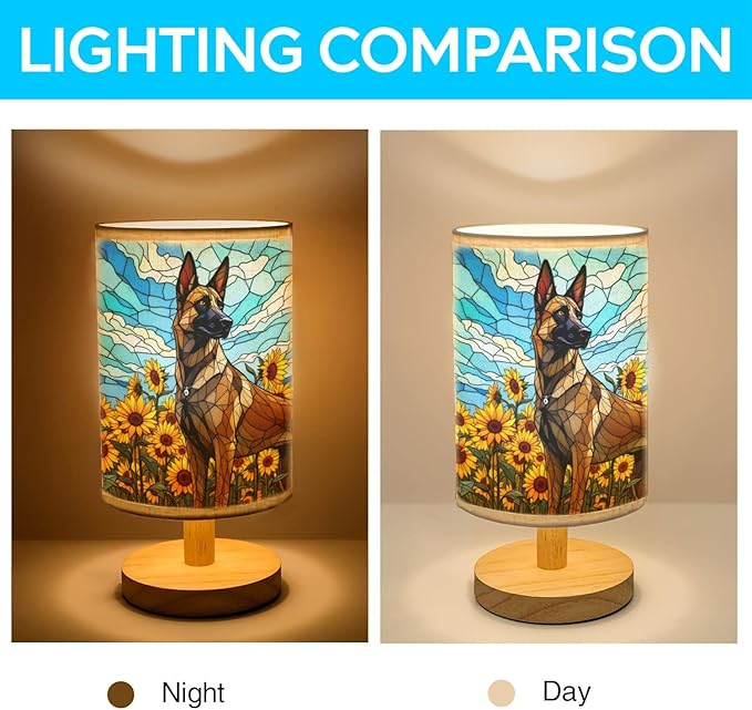 Belgian Malinois Table Lamp LED 3-Color Pressed Bedside, Dog Shade Lamp with Wood Base for Bedroom Living Room Desk Office - Bloomnest