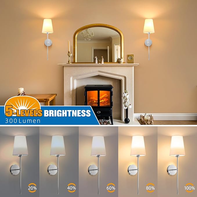 NIORSUN 25.4 inch Brushed Nickel Battery Operated Wall Sconce Set of 2,Rechargeable Wall Lights with Dimmable Detachable Bulbs and Remote,9 Colors Wireless Sconces for Bedroom Living Room Hallway - Bloomnest