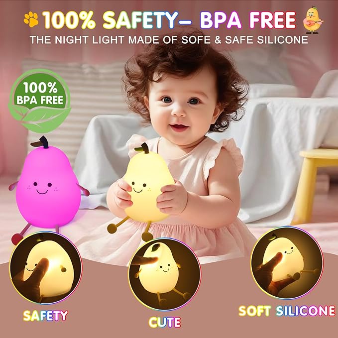 Night Light for Kids, 7 Color Changing BPA-Free Silicone Lamp with Touch Control, Eye Protection, Rechargeable Battery, Soft & Safe Nursery Lamp for Boys & Girls (Pear) - Bloomnest