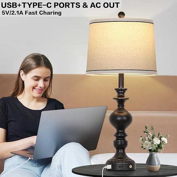 28" Black Farmhouse Table Lamps Set of 2, Rustic Lamp for Living Room with USB C+A Ports & AC Outlet, 3 Way Touch Control Resin Bedside Lamps, Retro Bedroom Lamp for Nightstand Side End Table Desk - Bloomnest