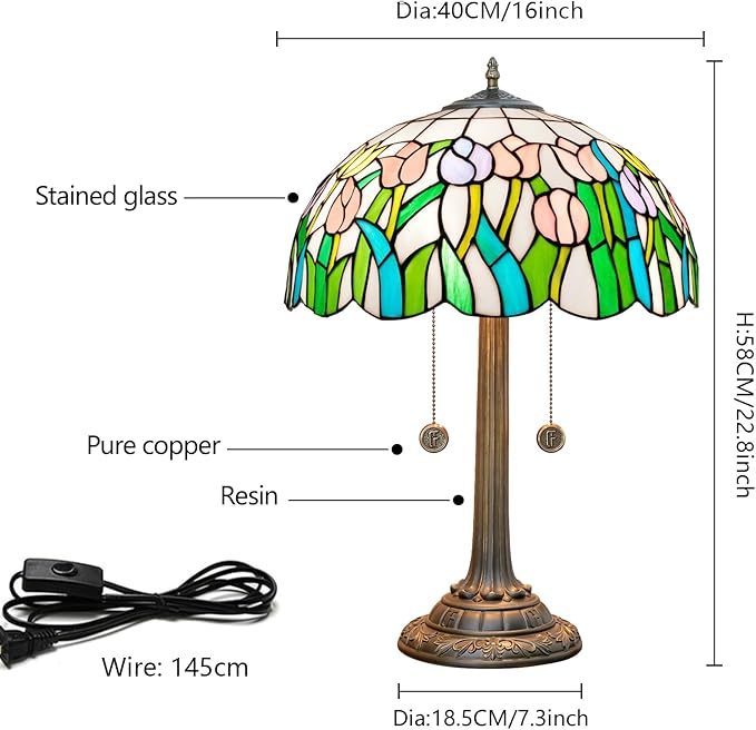 Tiffany Lamp Pink Yellow Tulips Stained Glass Table Lamp 16 inch Large Desk Light Antique Beside Reading Lamp for Home Living Room Bedroom Office - Bloomnest