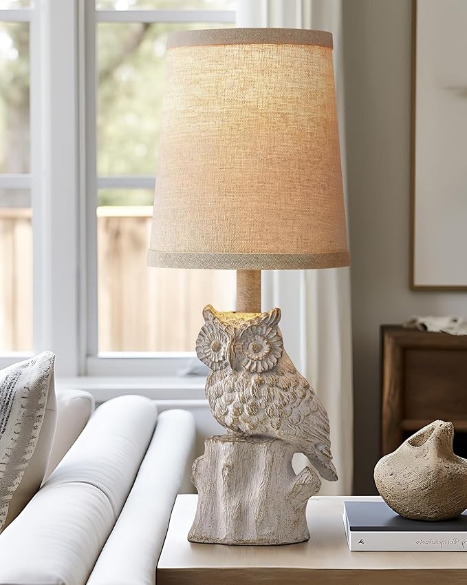 14.25" Small Table Lamps Set of 2 Owl Lamps for Home Decor Rustic Farmhouse Vintage Bedside Table Resin Retro Nightstand, White - Bloomnest