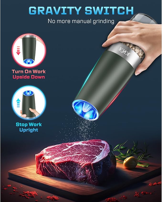 XinXu Gravity Electric Pepper and Salt Grinder Set, Adjustable Coarseness, with LED Light, One Hand Automatic Operation (Set/DarkGreen X) - Bloomnest
