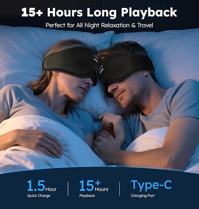 Ice Silk Sleep Mask with Headphones, Sleep Headphones for Side Sleeper with 3D Cups, Bluetooth 5.4 Sleeping Eye Mask, Total Blackout Sleeping Headphones for Women Men(Black) - Bloomnest